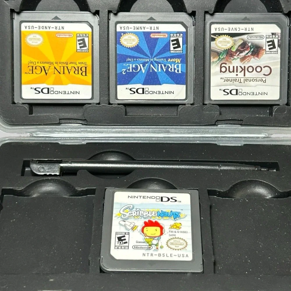 Nintendo DS 4 Game Lot Brain Age 1 & 2 Scribblenauts Cooking w/ Nakiworld Case